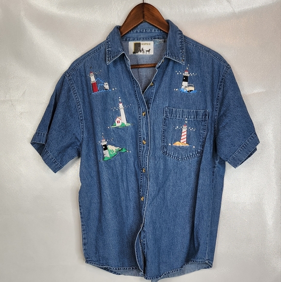 Denim Button Down Shirt with Lighthouses - Picture 9 of 10